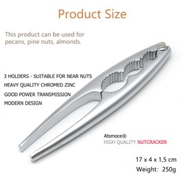 Atsmoce® Nutcracker, Stainless Steel Nutcracker for Walnuts, Walnuts, Hazelnuts, Almonds, Pistachios, Seafood, 4 Openings for Large and Small Nuts, Approx. 17 cm, 250 g (Matte Silver)