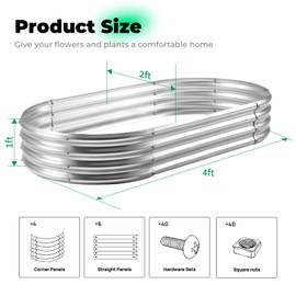 AHEONLAR Galvanized Raised Garden Bed Kit, Oval Large Metal Planter Box, Sturdy and Durable, Garden Boxes Outdoor Raised for Vegetables, Fruits, Flowers and Herbs, 4x2x1ft (Silver)