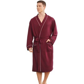 YOIPNEF Mens Lightweight Robe, Knit Kimono Bathrobe Spa Sleepwear Soft Knee Length Robe With Pockets, BURGUNDY, L