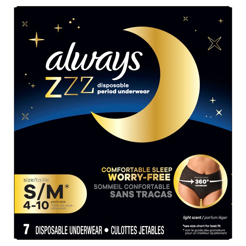 Always ZZZ Overnight Disposable Period Underwear for Women Small/Medium, 360°