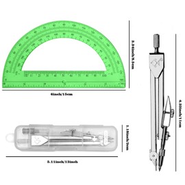 Tdfronien Students Geometry Math Set, Drawing Compass and 6 Inch Transparent Swing arm Protractor 180 Degree Math Protractor (Green)