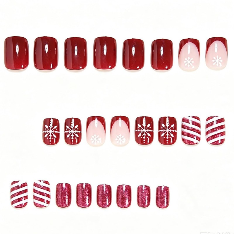 24 Pcs Christmas Press on Nails Short Square French Fake