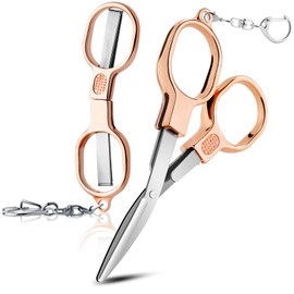 2 Pcs Folding Stainless Steel Portable Mini Small Travel Scissors, Safety Foldable Pocket Badge Nursing Scissors with 2 Keychain for Travel, Home, Office, Craft, Sewing (Rose Gold)