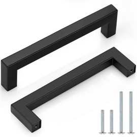 Probrico (10 Pack Flat Black Modern Cabinet Handles 5 Inch(128mm) Hole Center Stainless Steel Drawer Dresser Pulls Square Kitchen Cabinet Hardware