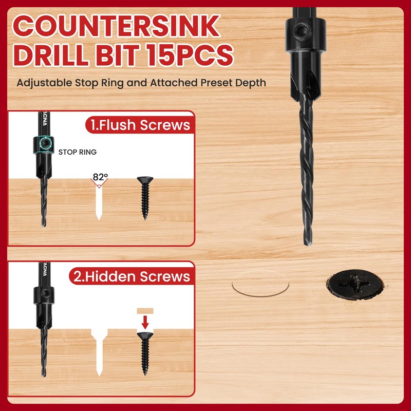 NEWTACNA 15PCS Wood Countersink Drill Bit Set Tapered Pilot Drill
