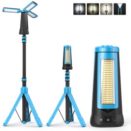 Dimgogo Rechargeable Camping Light with Stand 7ft Max Height, 15000mAh Portable Cordless LED Work Light, 5500 Lumen 6500/4500/3500K Dimmable Emergency Flashlight with Detachable Tripod, Blue