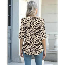 AKEWEI Womens 3/4 Sleeve Summer Tops Womens Boho Tops Dressy Casual Half Sleeve Shirts V Neck Tees Apricot Black Floral M