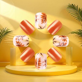 Fall Press on Nails Short Square Fake Nails with Leaves Designs Orange Nails Press ons Thanksgiving Acrylic Nails Winter False Nails Artificial Stick on Nails for Women 24Pcs