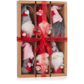 BRUBAKER Set of 6 Decorative Wooden and Knitted Gnome Heart Pendants - Christmas Gnome Tree Pendant - Valentine's Day Gift Tag Pink Red - Tree Ornament or Heart Decoration in Gift Box