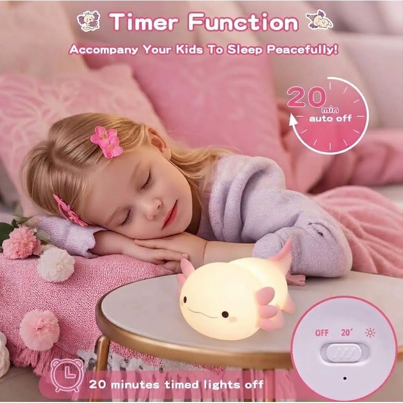 Cute Axolotl Silicone Night Light, Soft LED Nursery Lamp for