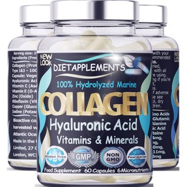 Marine Collagen Type 1&3 1000mg, Hyaluronic Acid 200mg/serving; Vitamin C, Zinc, Copper for Immune System; E, B2, Iodine. Hydrolyzed Peptides Supplement. Skin, Hair, Nails & Bones Support. 1 Bottle.