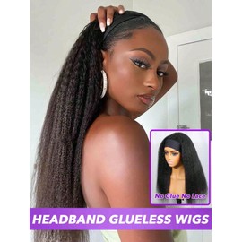 OQ HAIR Kinky Straight Headband Human Hair Wig 180% Density None Lace Machine Made Glueless Yaki Straight Half Wigs Human Hair for Women Natural Color 26 Inch
