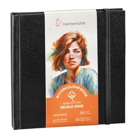 Hahnemühle Watercolour Book Deckle Edge Watercolour Book with Ripped Edges, 100% Cotton, 250 g/m², Matte, 30 Sheets/60 Pages (approx. 14 x 14 cm)