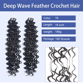 Sosihua 16 Inch 180g Deep Wave Feather Crochet Hair Pre-Looped for Black Women, 100 Strands Synthetic Pre Separated Invisible Miracle Knots Crochet Bundles, Feathered Tip Braids Extensions(#1B)