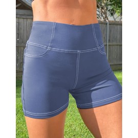 VOOVEEYA - Pantalones cortos de yoga de cintura alta de 5 pulgadas y 8 pulgadas con bolsillos para mujer, pantalones cortos de gimnasio para levantamiento de glúteos, levantamiento de glúteos, Azul/claro, M