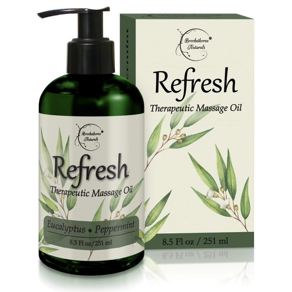 Refresh Massage Oil with Eucalyptus & Peppermint Essential Oils - Great for Massage Therapy. Stress Relief & All Natural Muscle Relaxer. Ideal for Full Body Massage – Nut Free Formula 8.5oz