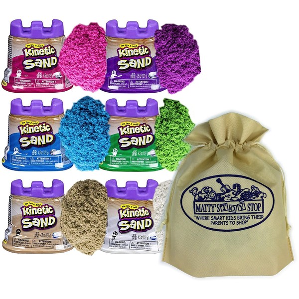 Spin Master Kinetic Sand Modeling Sand 4.5oz. Containers Pink, Green, Purple, White, Beige & Blue Gift Set Bundle with Bonus Matty's Toy Stop Storage Bag - 6 Pack