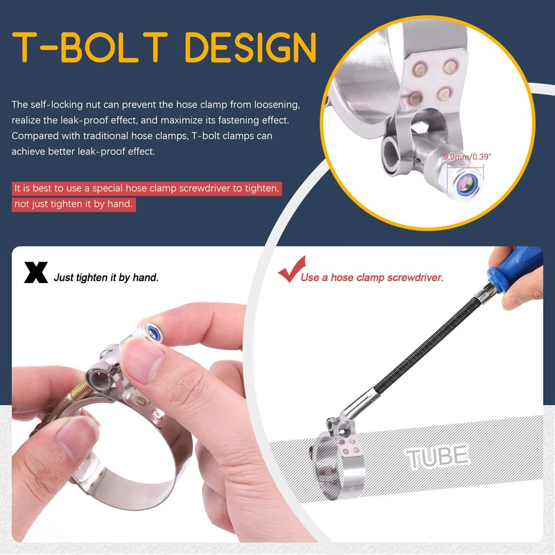 Hilitchi 2Pcs Stainless Steel T-Bolt Clamps with Rounded Band Edges