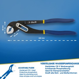 S&R Vielseitige S&R-Wasserpumpenzange 242mm C Kombizange & Rohrzange aus CR-V-Werkzeugstahl mit Phosphatierung, 7-Positionen-verstellbar, ergonomische Griffe fr Klempner-, Montage- und Wartungsarbeiten