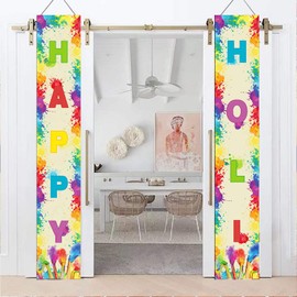 LOONELO Happy Holi Porch Banner, India Festival of Colors Porch Sign, Hindu Colorful Powder Graffiti Handprint Pattern Banner for India Party Decorations (Beige)
