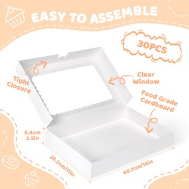 Dayacoco 30pcs Bakery Boxes with Window, 16x11x2.5 Inches, Donut Boxes, White Cookie Boxes for Chocolate Covered Strawberries, Macaroon, Donuts, Pies, Cookies