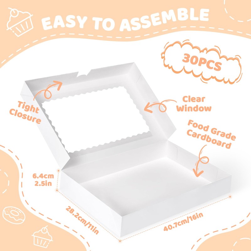 Dayacoco 30pcs Bakery Boxes with Window, 16x11x2.5 Inches, Donut Boxes,
