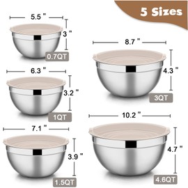 E-far Stainless Steel Mixing Bowls with Lids, 5-Pack Metal Nesting Bowls with Airtight Covers for Cooking, Baking, Serving, Storage, Non-toxic & Dishwasher Safe, Size 4.6/3/1.5/1/0.7QT - Khaki