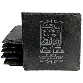 Faith and Hope: Laser Etched Inspirational Coasters: Philippians 4:13 - Christian Gift - Square Slate - set of 8
