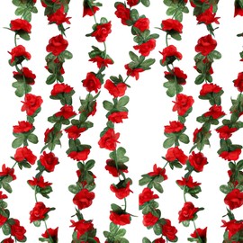 DBOO Artificial Fake Rose Garland - 2pcs 8ft Realistic Silk Rose Vines for Wedding Arch, Home & Party Decor, Durable & Eco-Friendly (Red, 45 Heads)