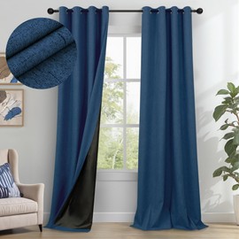 Navy Blue Curtains 96 Inches Long for Living Room Darkening 2 Panels Set Grommet 100% Blackout Drapes Cotton Linen Soundproof Privacy Modern Dark Blue Curtain for Nursery Room Kids Boys Bedroom 52x96