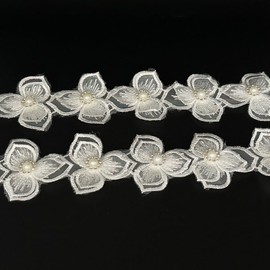 1 Yard Vintage Flower White Pearl Beads Diamond Lace Trim Ribbon Fabric Floral Embroidered Appliques Lace Ribbon for Wedding Dress Costume Hat Embellishment Home Party Decoration (White, 1 Yard)