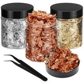 QWORK® 30g Gold Foil Flakes Gold Leaf Flakes in 3 Colors, Bright Imitation Metallic Leaf with Tweezer for Crafts, Nails, Painting, and Resin Jewelry