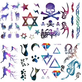 Oottati 8 Sheets Galaxy Temporary Tattoos for Adults, Deer Cat Skull Dragon Diamond Fake Tattoo Stickers, Waterproof Long Lasting Body Art for Arm Wrist