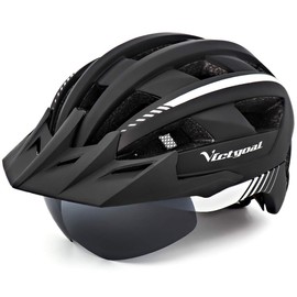 VICTGOAL Bike Helmet for Men Women with Led Light Detachable Magnetic Goggles Removable Sun Visor Mountain & Road Bicycle Helmets Adjustable Size Adult Cycling Helmets (L: 57-61 cm, Black White)