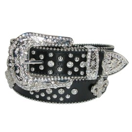 CTM Women's Fleur de Lis Studded Rhinestone Belt, Large, Black
