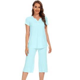 WiWi Viscose from Bamboo Pajamas for Women Soft Short Sleeve Capri Pants Lounge Sets 2 Piece Set with Buttons S-XXL, Aqua, Large