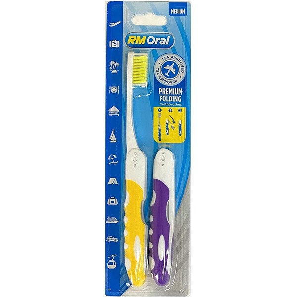 Azi 2pc Premium TSA Approved Travel Toothbrush On The Go Folding Medium Bristles & Tongue Cleaner/Gum Massager Travel Camping Handbag Backpack Car RV Dorm Gym School Locker