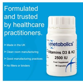 Vitamin D3 and K2 2500 IU | Vegetarian Vitamin D Supplement | High Quality Vitamin D and K2, Increased Vitamin D Absorption, In Vegetable Capsules- Manufactured In The UK, Supports Healthy Bones, Teeth and Cell Division- No Caking Agents
