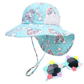 Jupsk Baby Sun Hat and Sunglasses Set Girls Summer Bucket Hat UPF50 Rainbow Unicorn Beach Cap with Adjustable Chin Strap UPF50 for Kids Toddler Child 12-24 Months