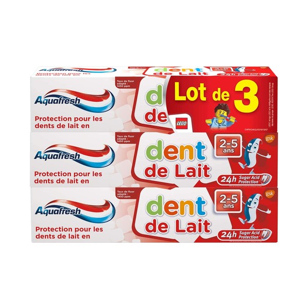 Aquafresh Dentifrice Dents De Lait, Pour Des Enfants Âgés 2 à 5 Ans, Protection Pour Les Dents De Lait, Goût Menthe, Lot de 3x150ml