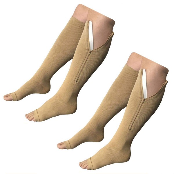 NEW (BIG & TALL 3XL) Open Toe Knee Length Zipper Up Compression Hosiery Calf Leg Support Stocking Stocks (2-Pack Beige)