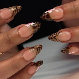 MERVF Almond Press on Nails Medium Fake Nails Brown French Tip Glue on Nails Tiger Snake Print Press ons Stiletto Acrylic Nails with Flower Design 24pcs Glossy