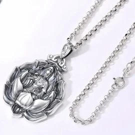 HannaFires 925 Pure Silver Guanyin Bodhisattva Pendant Necklace – Unisex Chinese Buddhist Spiritual Charm