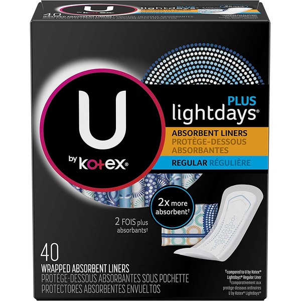 U by Kotex Lightdays Plus Panty Liners, Regular Length, Unscented, 320 Count (8 Packs of 40) (Packaging May Vary)