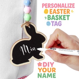 Easter Bunny Basket with Chalkboard Name Tag and Marker, Easter Bucket for Egg Hunts, Candy, Treats, Toys, Gifts, and Spring Party Favors (Blue, Striped)