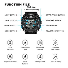PINDOWS Men Digital Watch for Men Watch Sport Watch Teenagers Watch Digital Analog Dual-Display Watches with Light Alarm Waterproof Date Stopwatch Dual-Time Multifunctional Wrist Watches