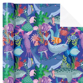 WRAPAHOLIC Ocean Wrapping Paper Roll - Mini Roll - 17 Inch x 16.5 Feet - Ocean Creatures Under the Sea Wrapping Paper Perfect for Boys Girls Kids Birthday, Baby Shower