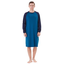 Keyocean Mens Nightshirt, Soft Lightweight Cotton Long Sleeve Sleepshirt Crew Neck & Pockets, Comfortable Lounge & Nightwear, Tahitian Tide Blue, Large