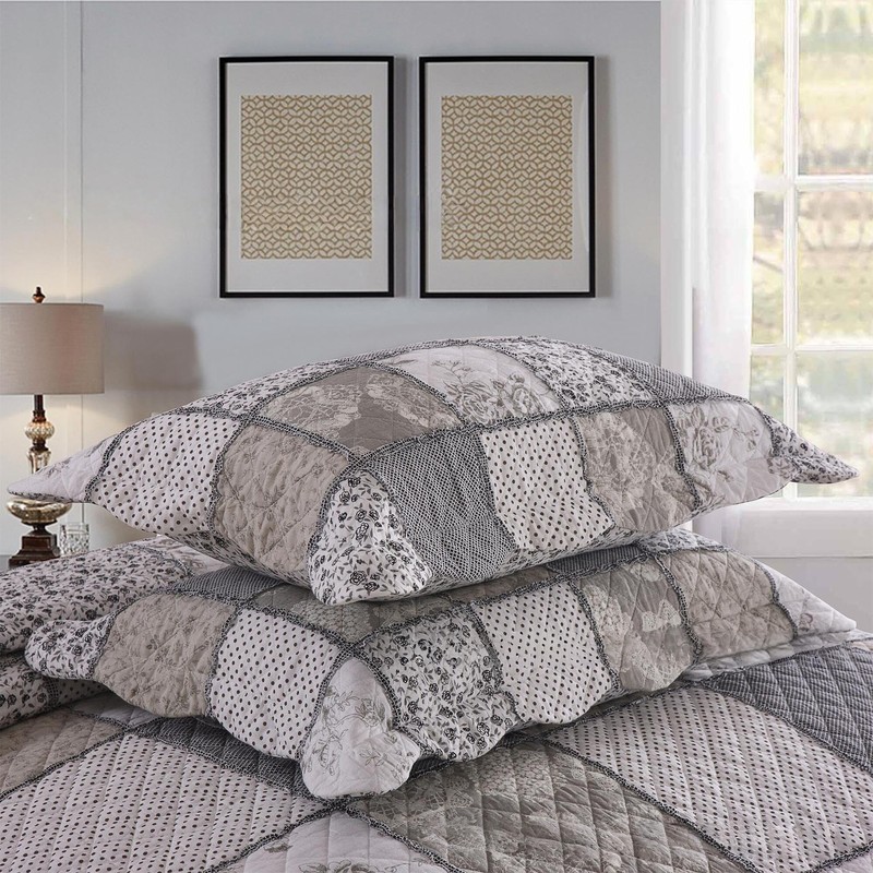 ABREEZE Grey Rose Floral Patchwork Quilts Cotton Queen Size Quilted