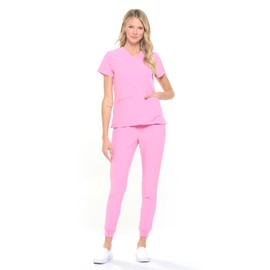 Dagacci Medical Uniform Women and Men Unisex 4-Way Stretch Jogger Scrub Set, Rose Pink, XL